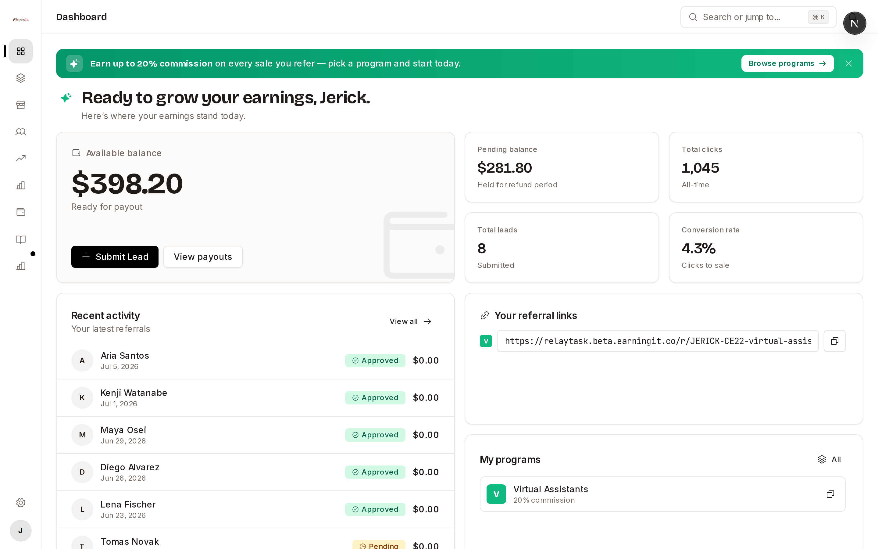 EarningIt affiliate dashboard: balance, clicks, leads, and conversion rate