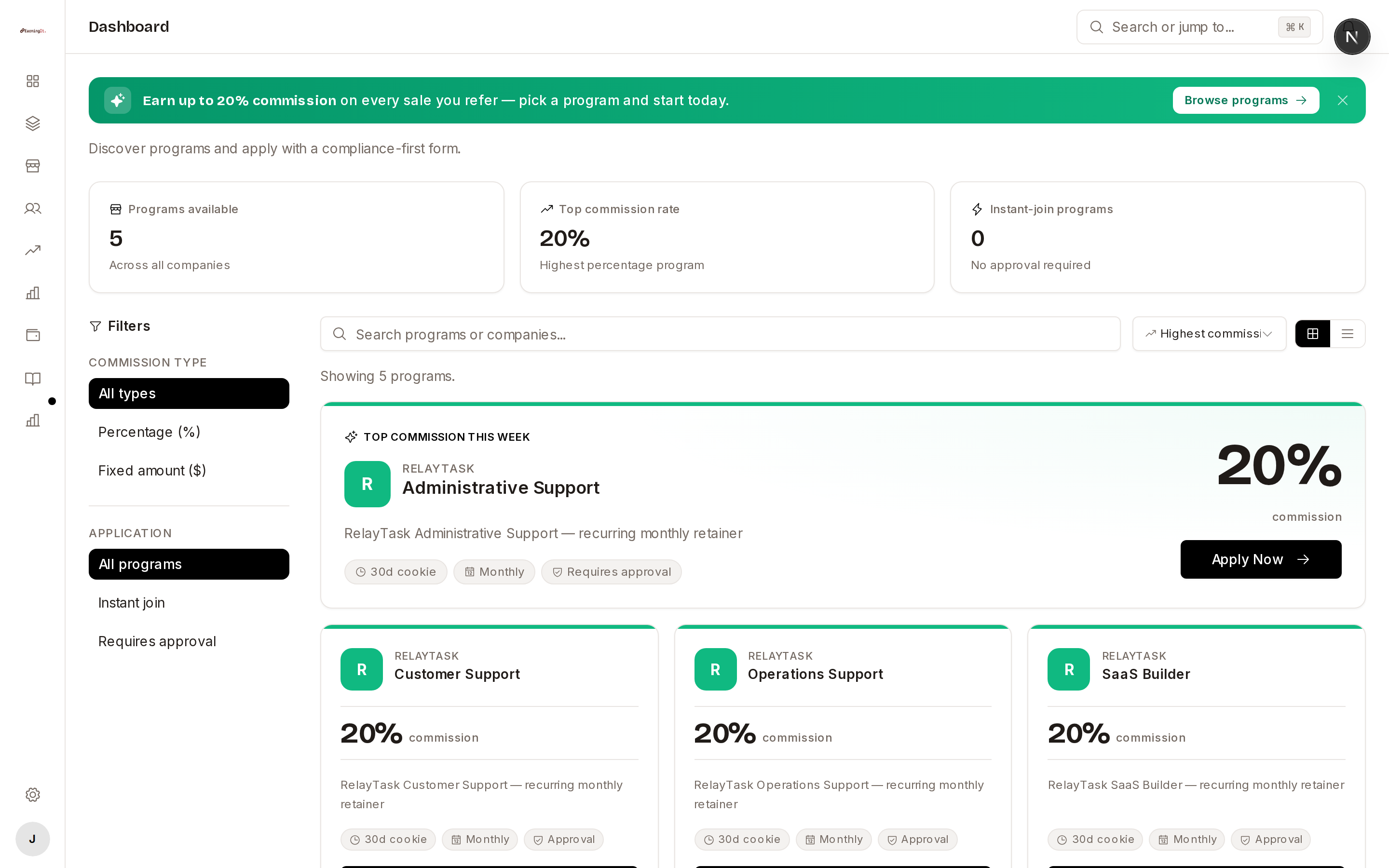 EarningIt marketplace: program cards with commission rates, filters, and payout terms